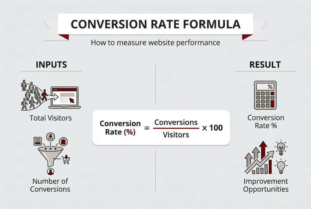 Infographic with website conversion rate formula and key factors