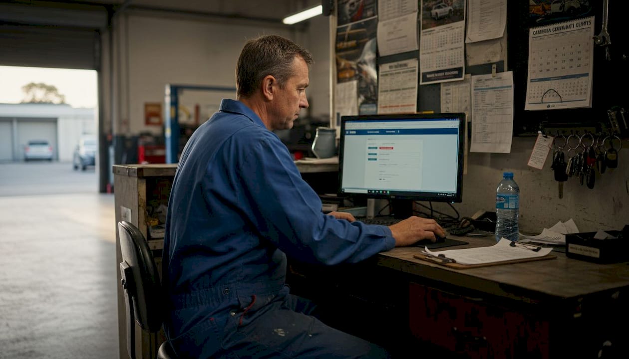 Garage owner managing website bookings at service counter