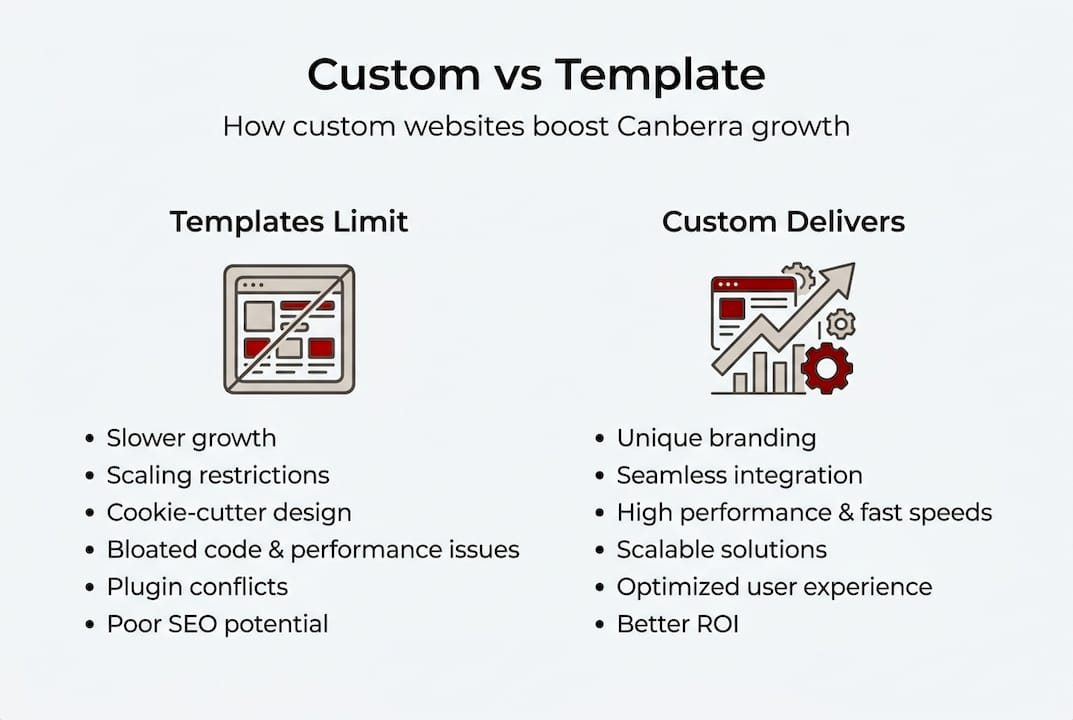 Infographic illustrating custom versus template website benefits