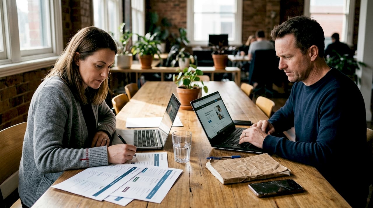Small business team discusses website platforms