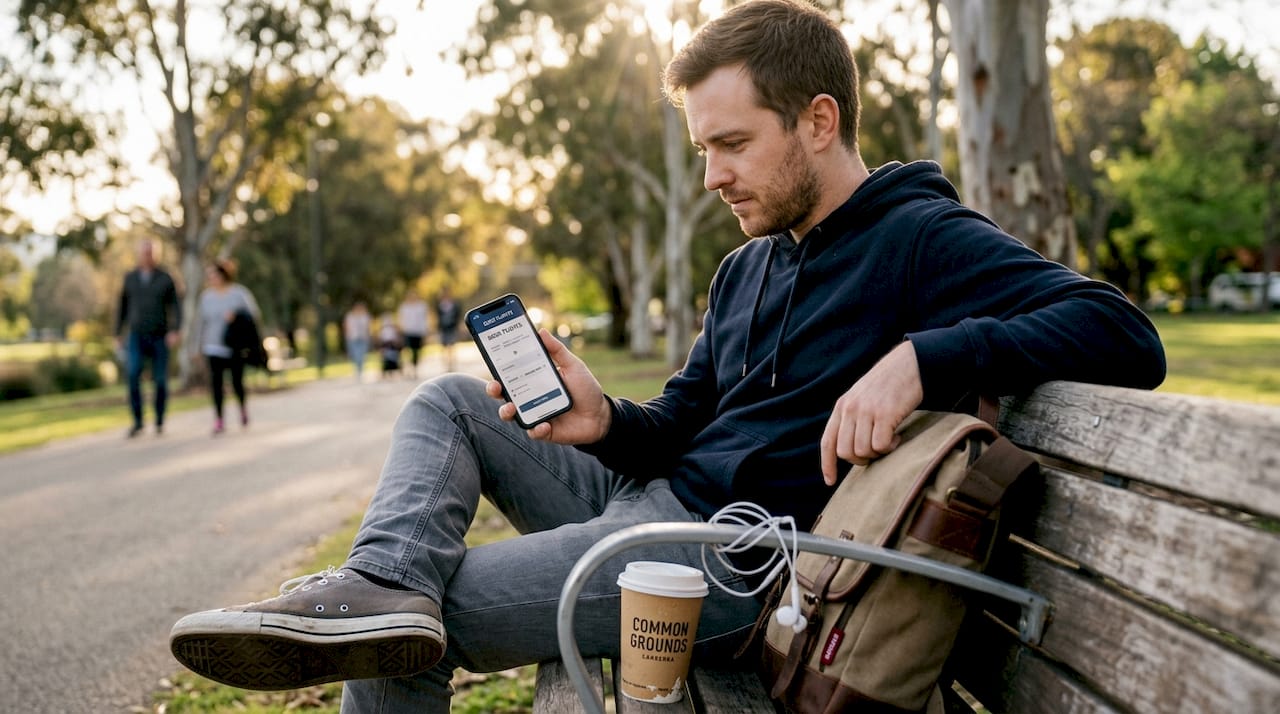 Person testing booking workflow on phone outdoors