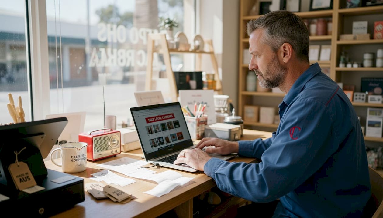 Shop owner fixing website design at counter