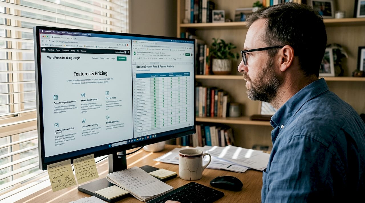 Man comparing booking tool websites at desk