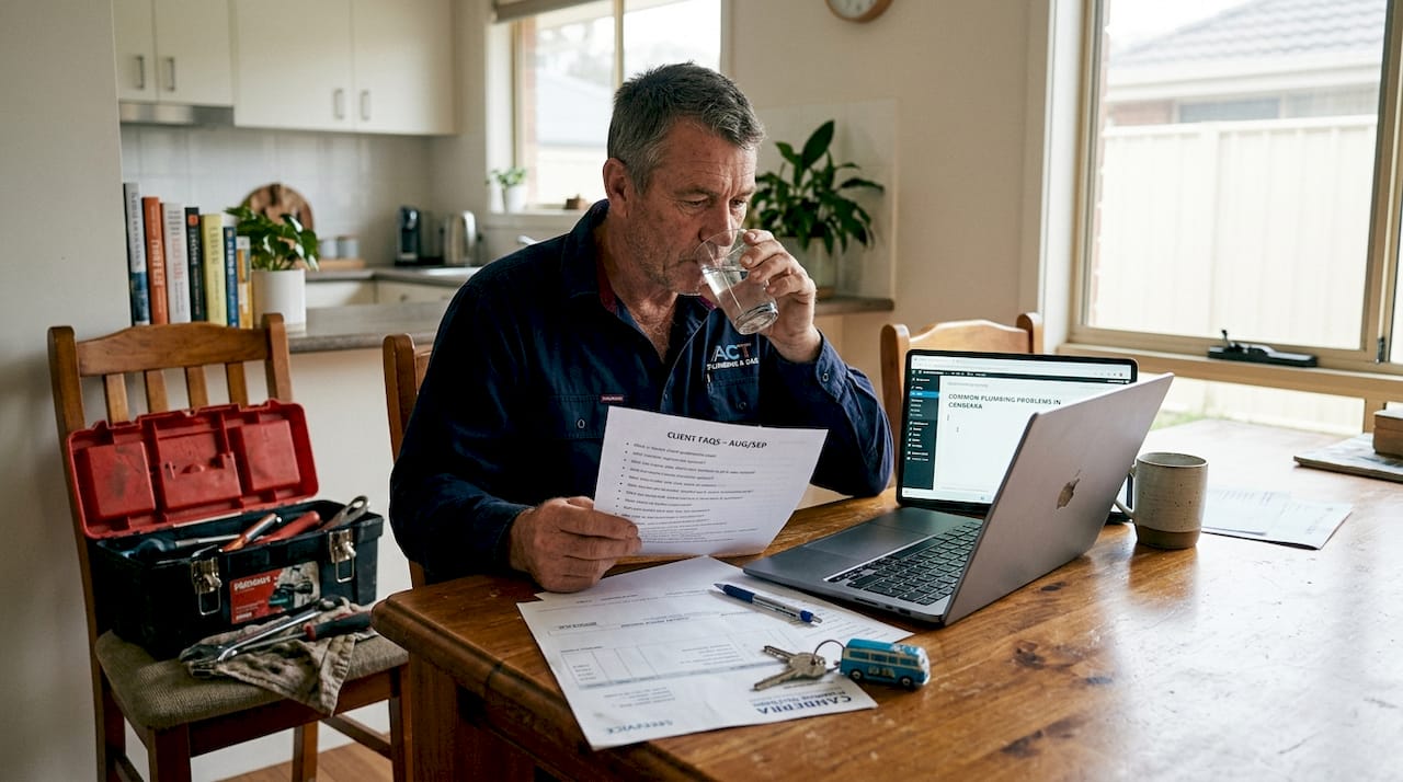 Canberra tradesperson writing blog post at home