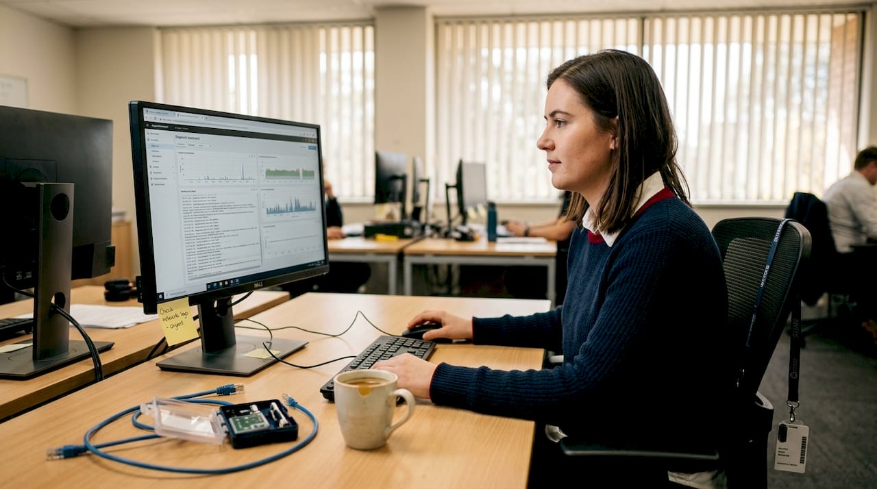 Technician reviews hosting dashboard in Canberra office