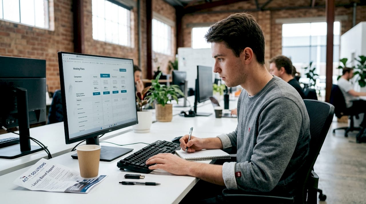 Man comparing website hosting options at desk
