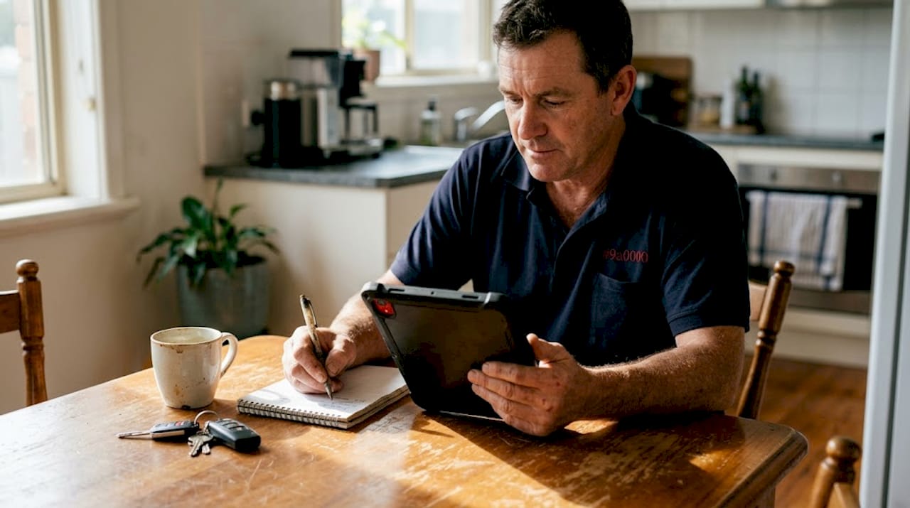 Tradesperson reads website update alert at kitchen table