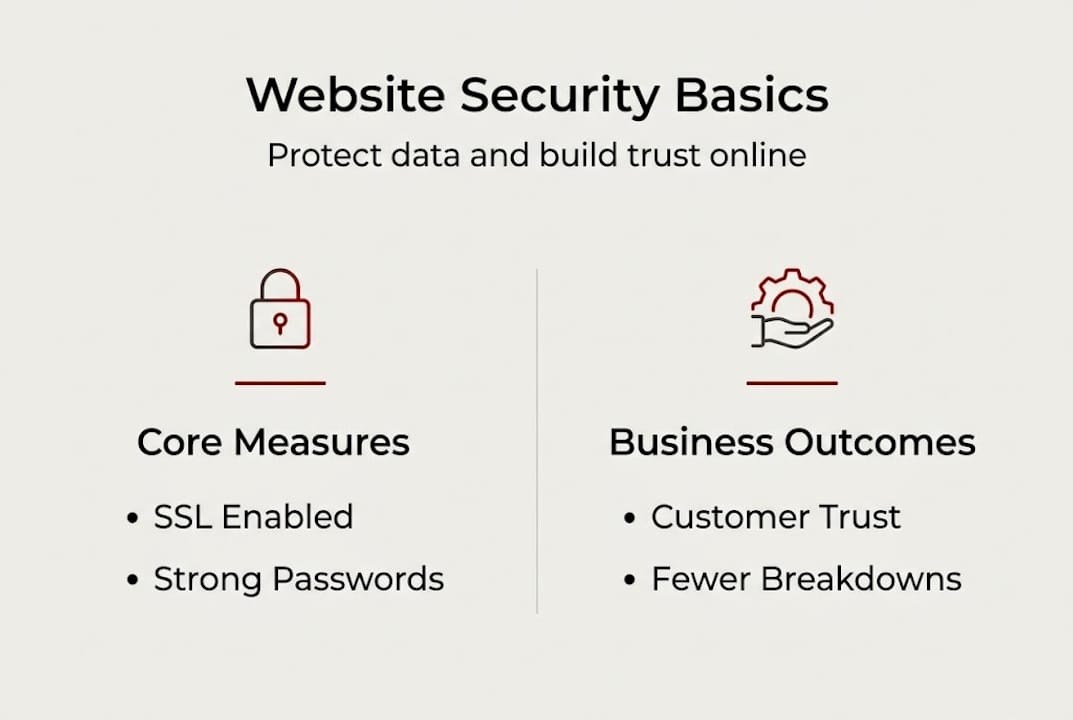 Infographic summarizing website security basics and outcomes