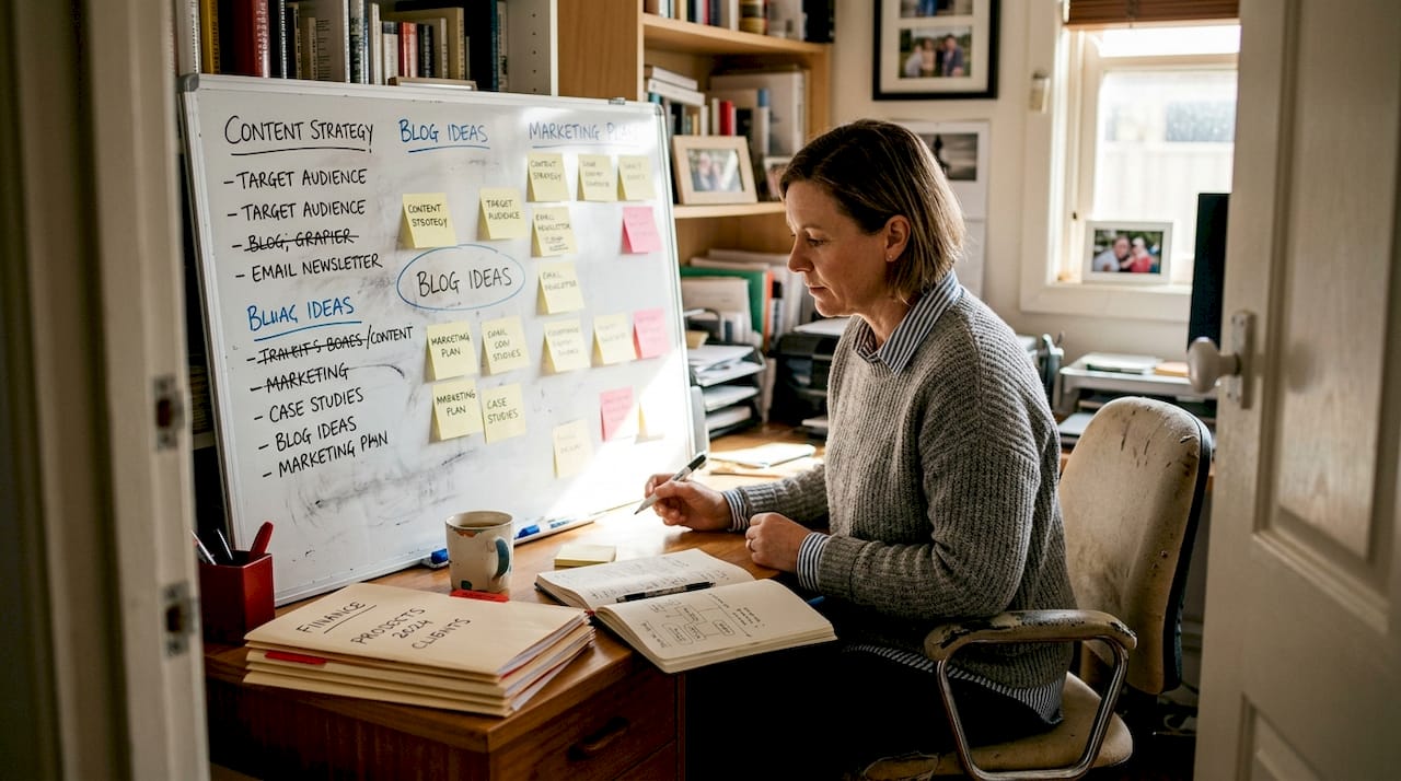 Business owner brainstorming on messy whiteboard