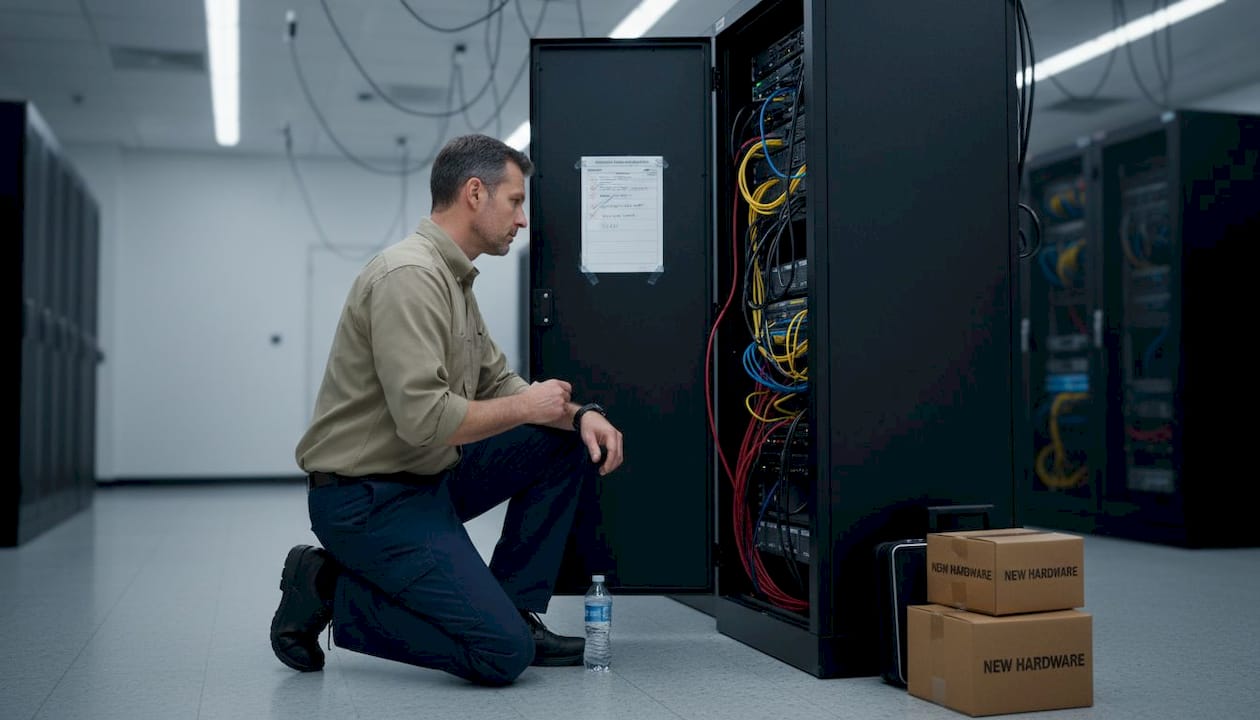 Technician checks server rack in data center
