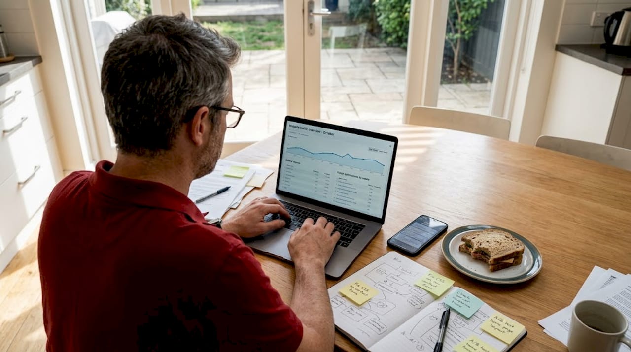 Designer reviewing site analytics and design tips
