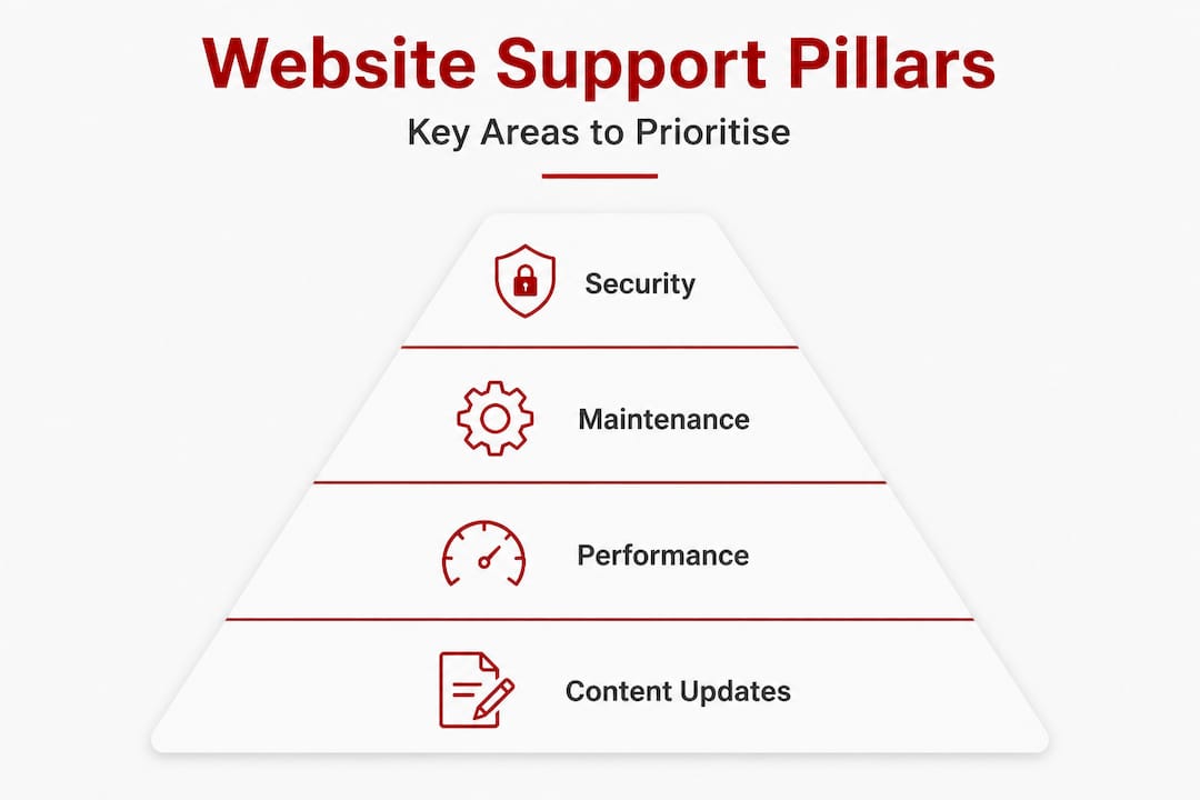 Infographic showing four website support pillars in pyramid