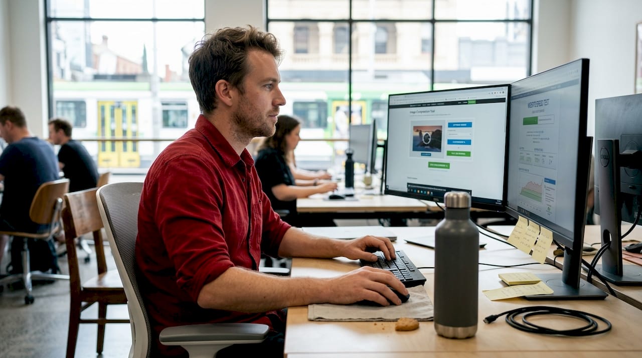 Man improving website speed at coworking desk