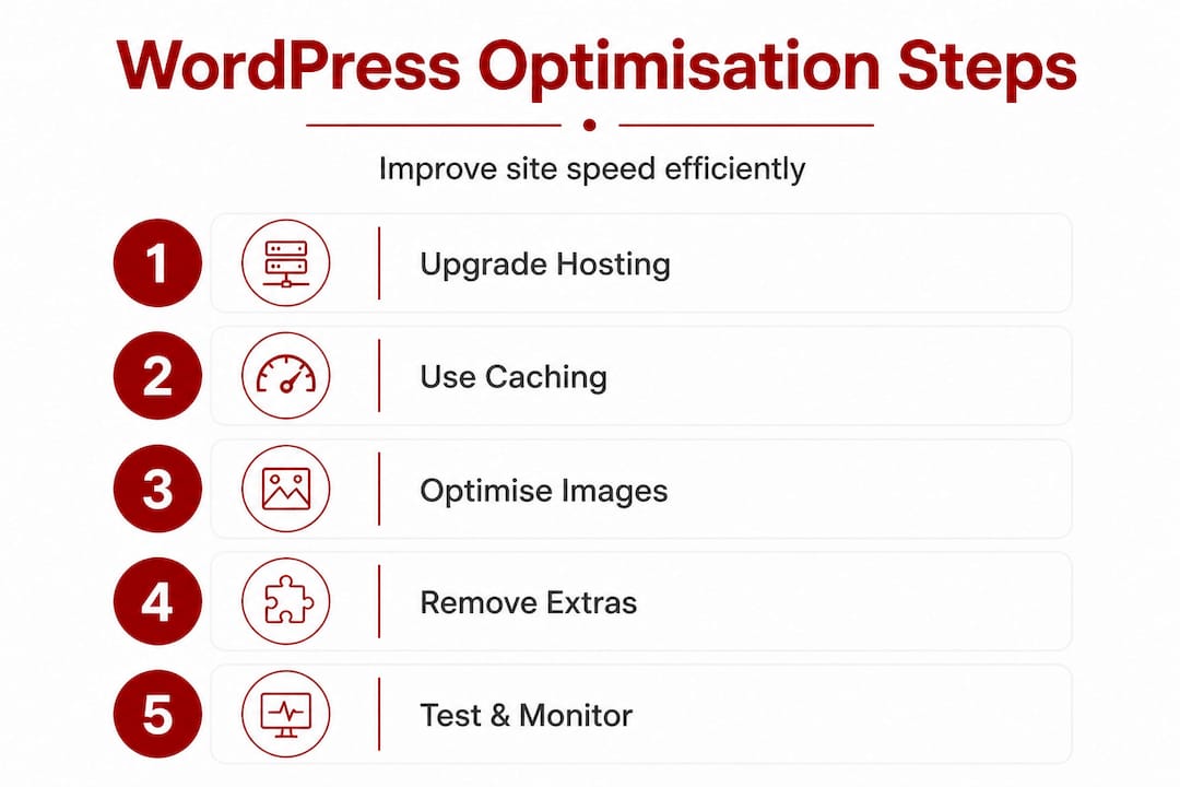 Infographic showing five steps to optimise WordPress
