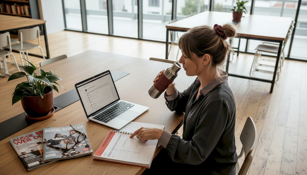 Woman researching WordPress hosting options at coworking space