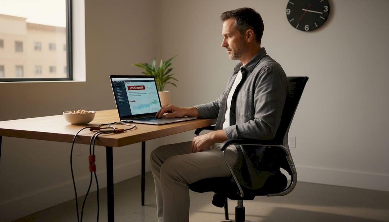Man monitoring website after migration at desk