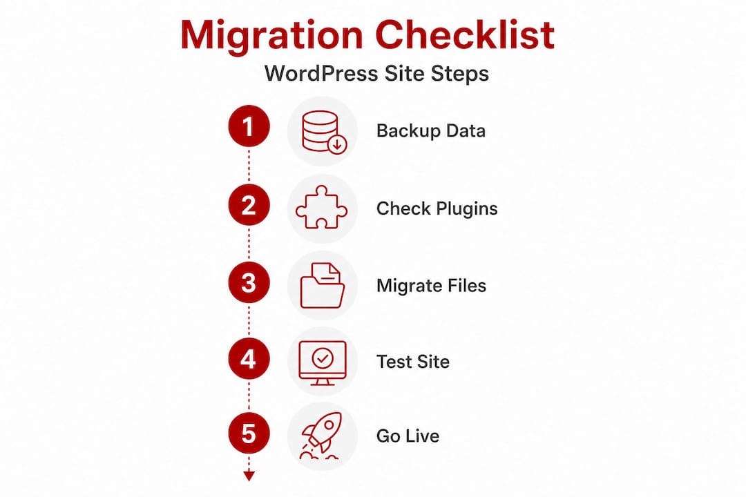 Infographic showing WordPress migration checklist steps