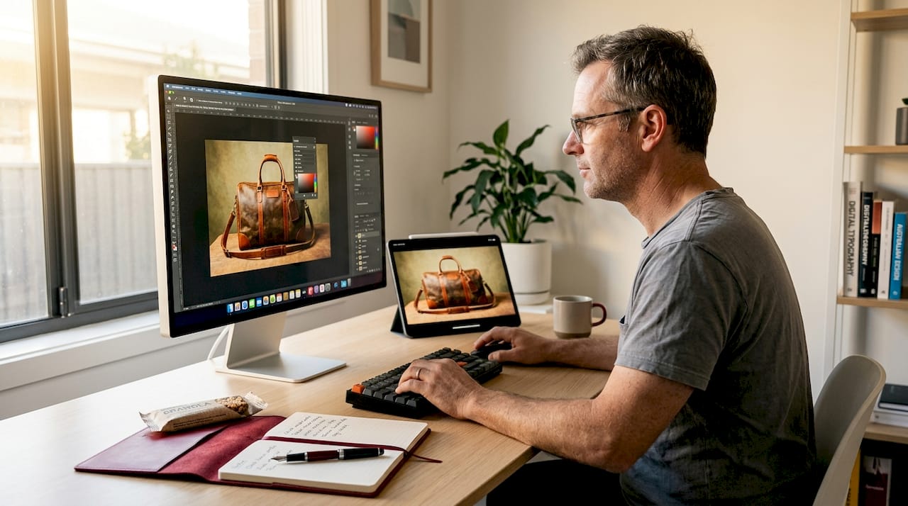 Designer edits web images at co-working desk