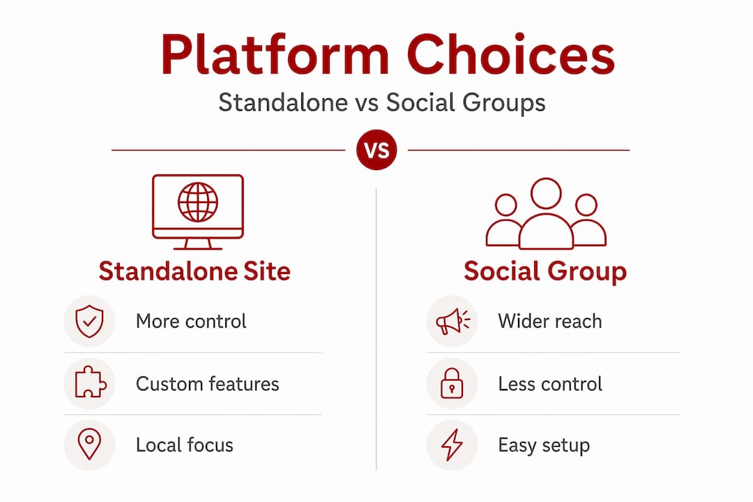 Infographic comparing standalone site and social group features