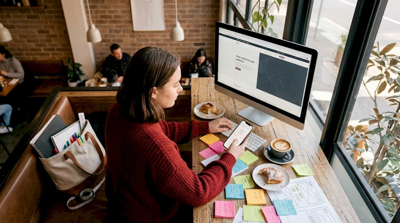 Web designer tests website speed at workspace