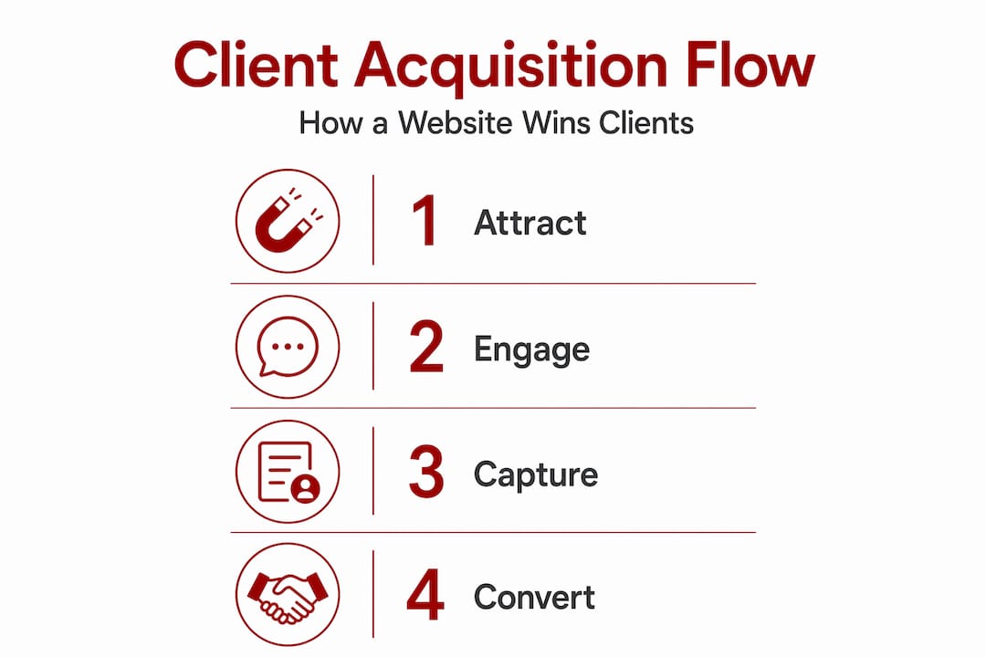 Vertical flow infographic: website client acquisition steps