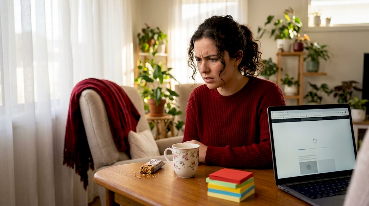 Business owner troubleshooting slow website at kitchen table