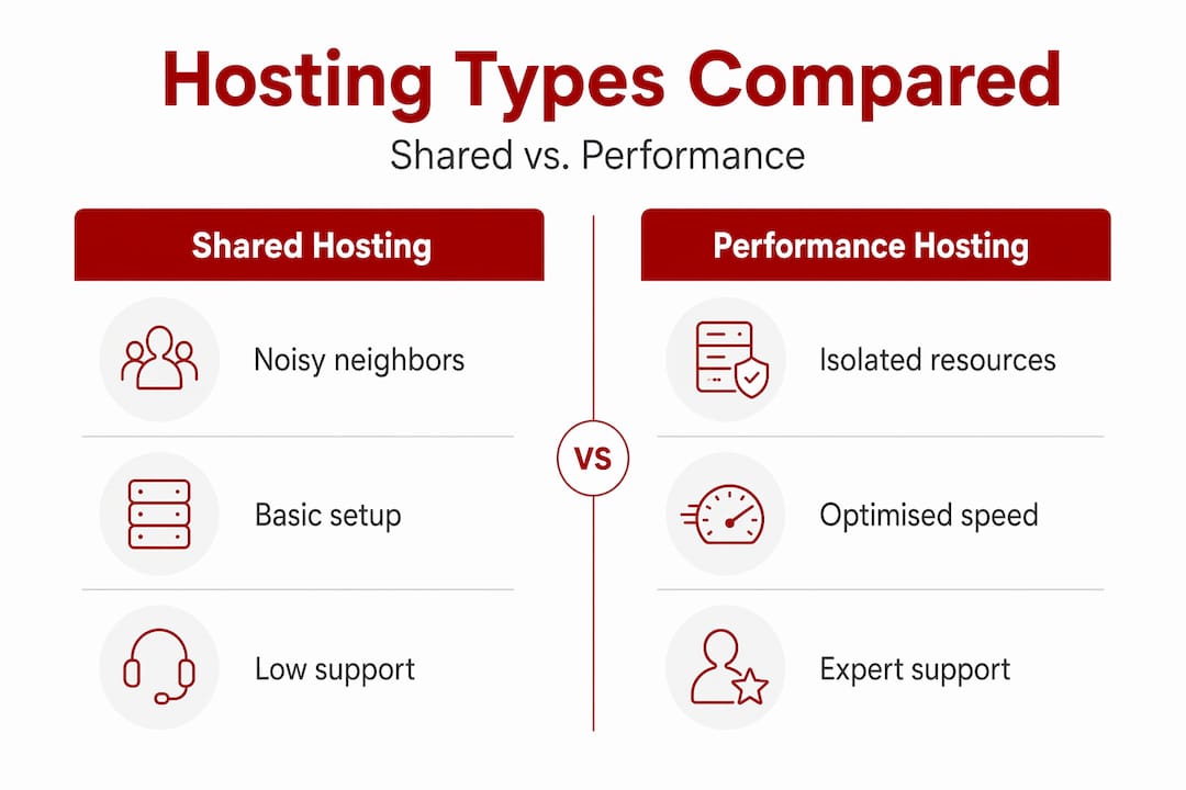 Infographic comparing shared and performance hosting features