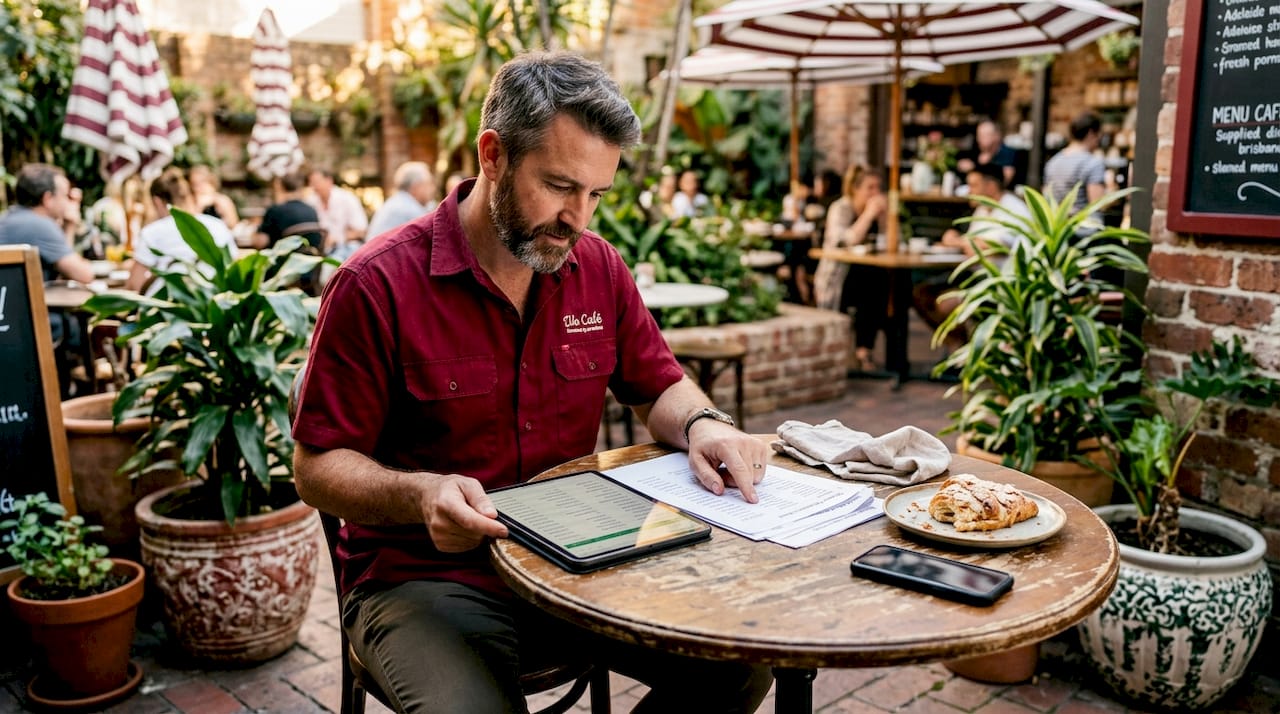 Cafe manager checks business details on tablet