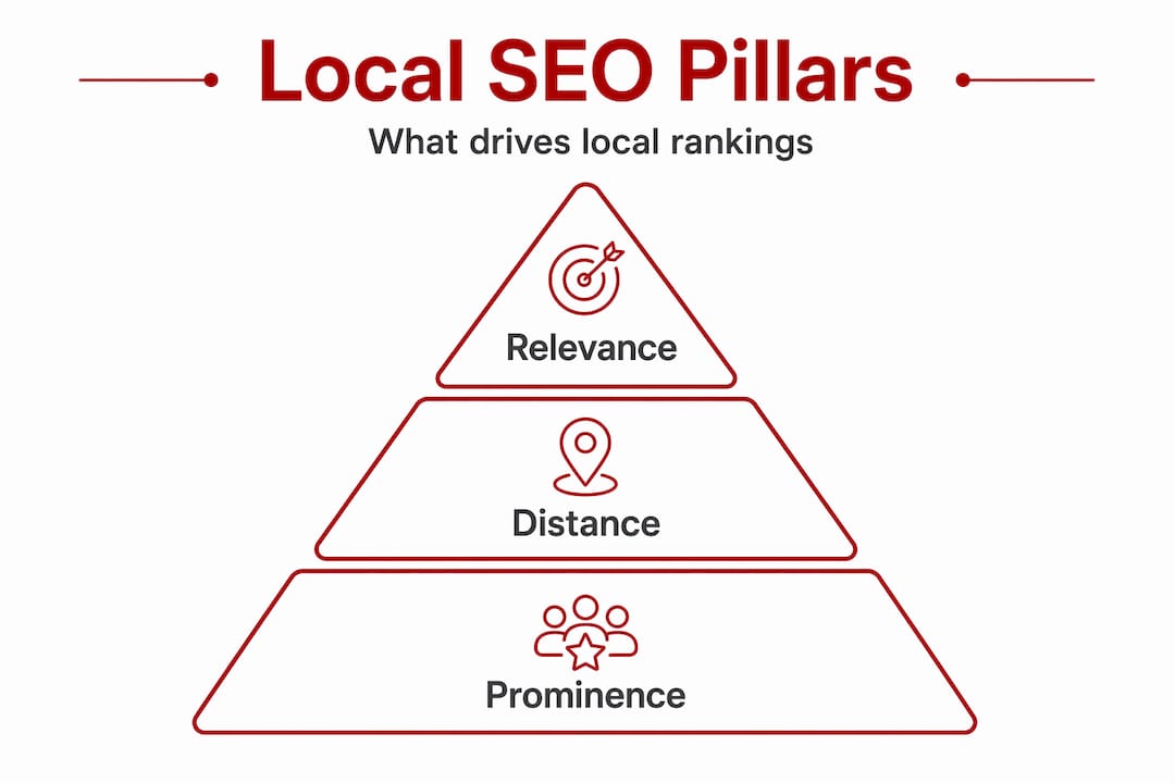 Hierarchy infographic showing three pillars of local SEO