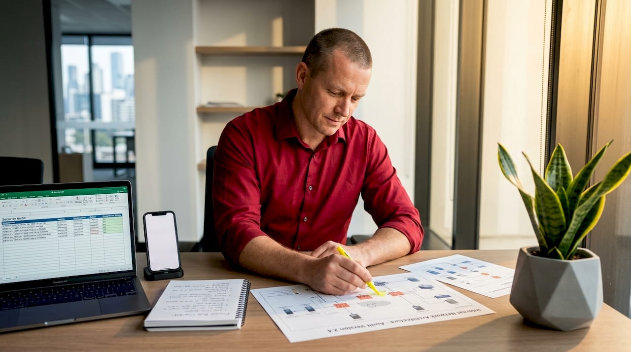 Small business owner reviewing website security diagrams