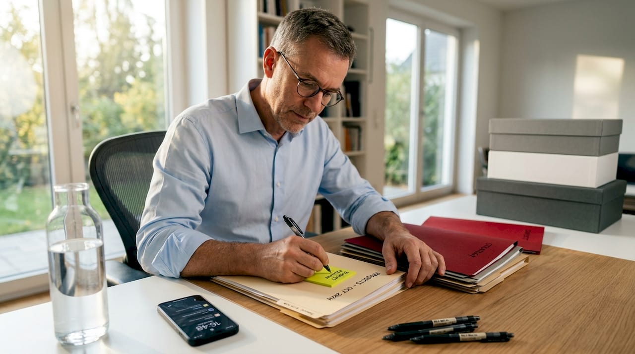 Man organizing content documents at home table
