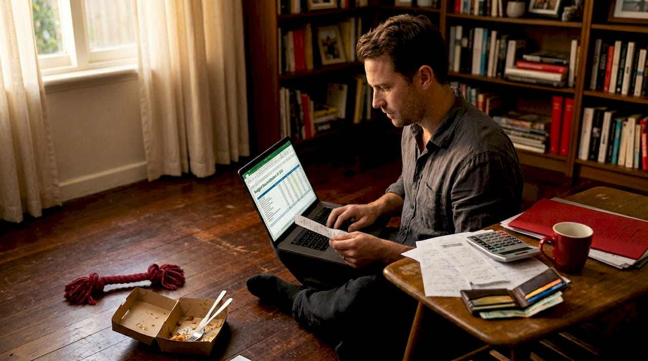 Man tracking business savings using laptop at home