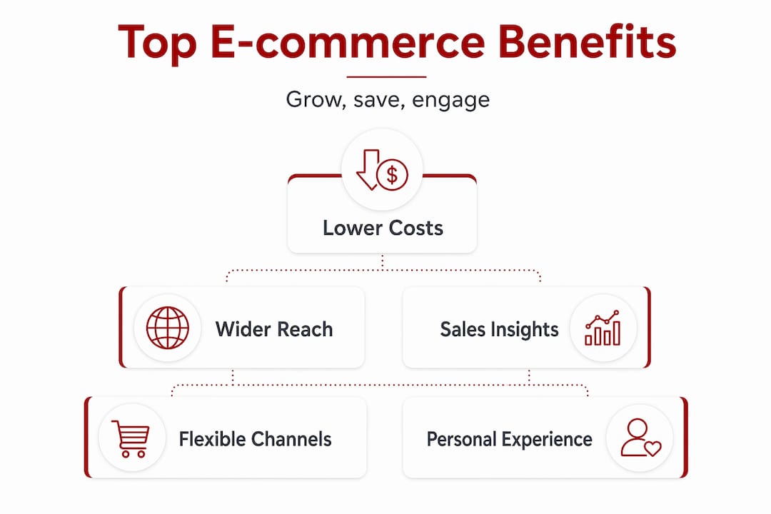 Hierarchy infographic of key e-commerce benefits