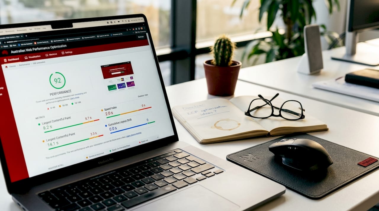 Laptop showing website speed and SEO metrics