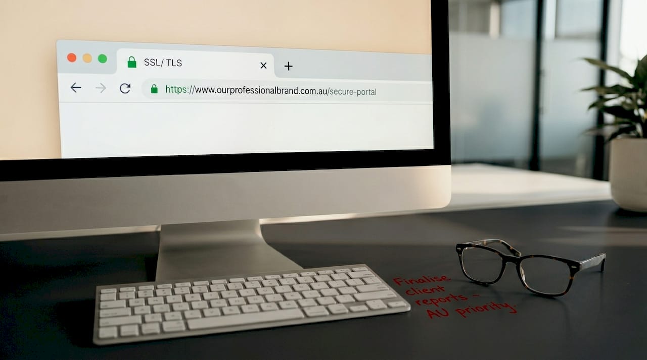 Secure website browser padlock on office computer screen