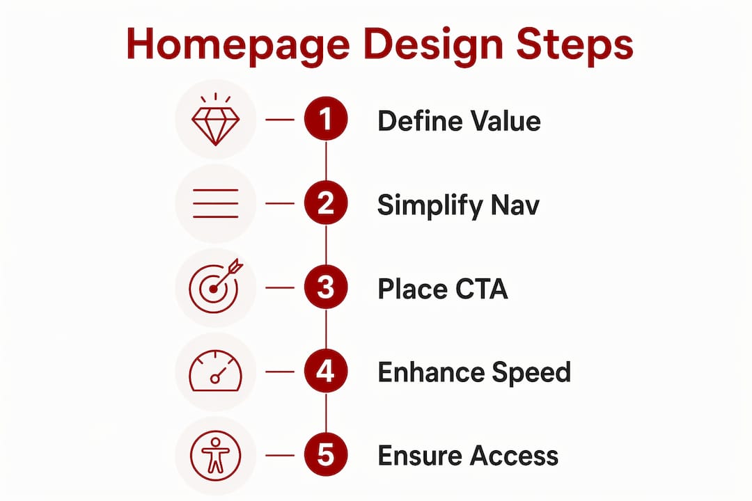 Infographic outlining five key homepage design steps