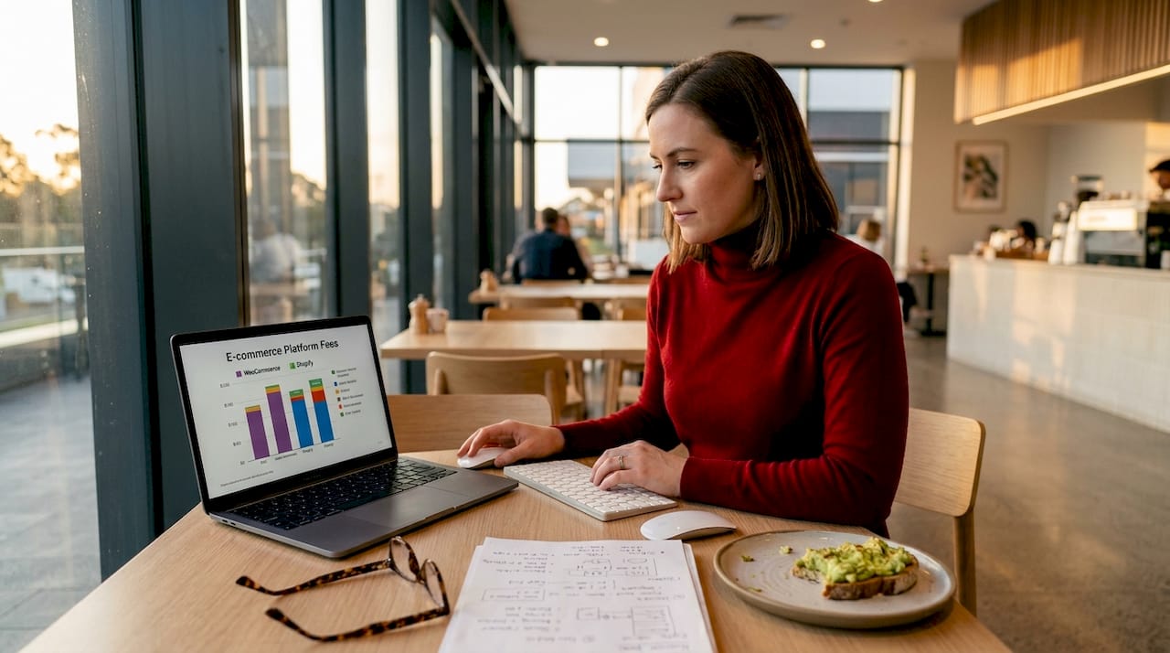 Laptop displaying WooCommerce vs Shopify fees chart