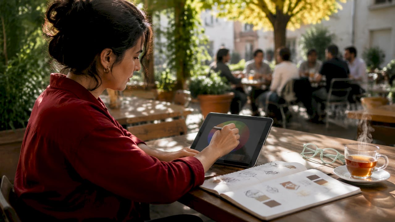 Hands using colour wheel on tablet for brand choices