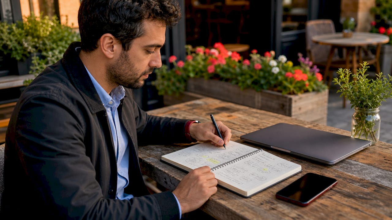 Hands writing local SEO keyword notes at café table