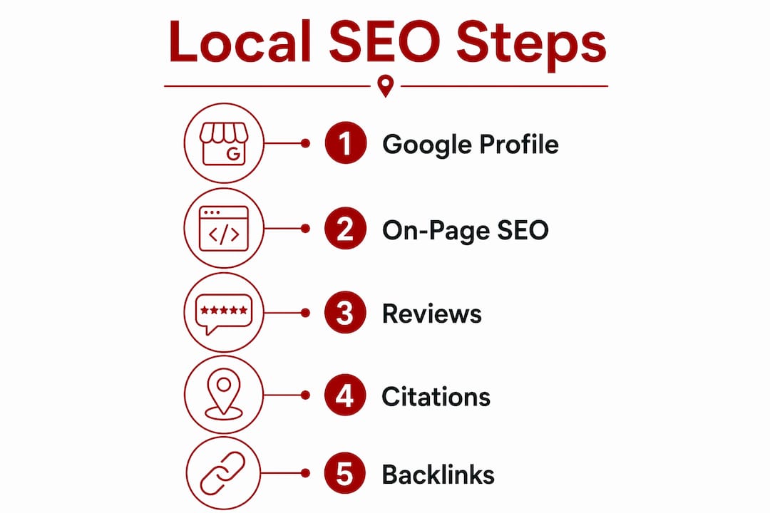Infographic illustrating five steps for local SEO optimisation