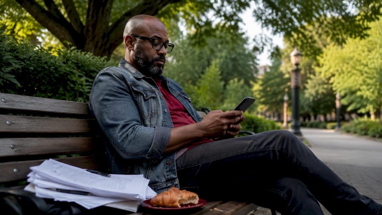 Man using phone and blog drafts in café