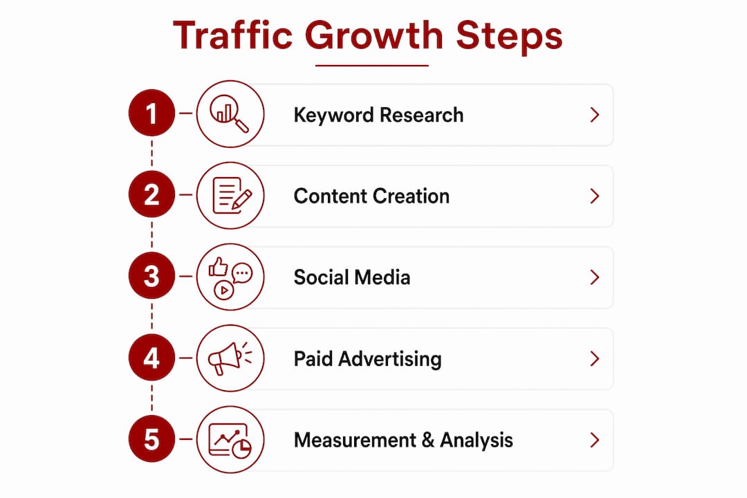 Infographic illustrating steps to grow website traffic