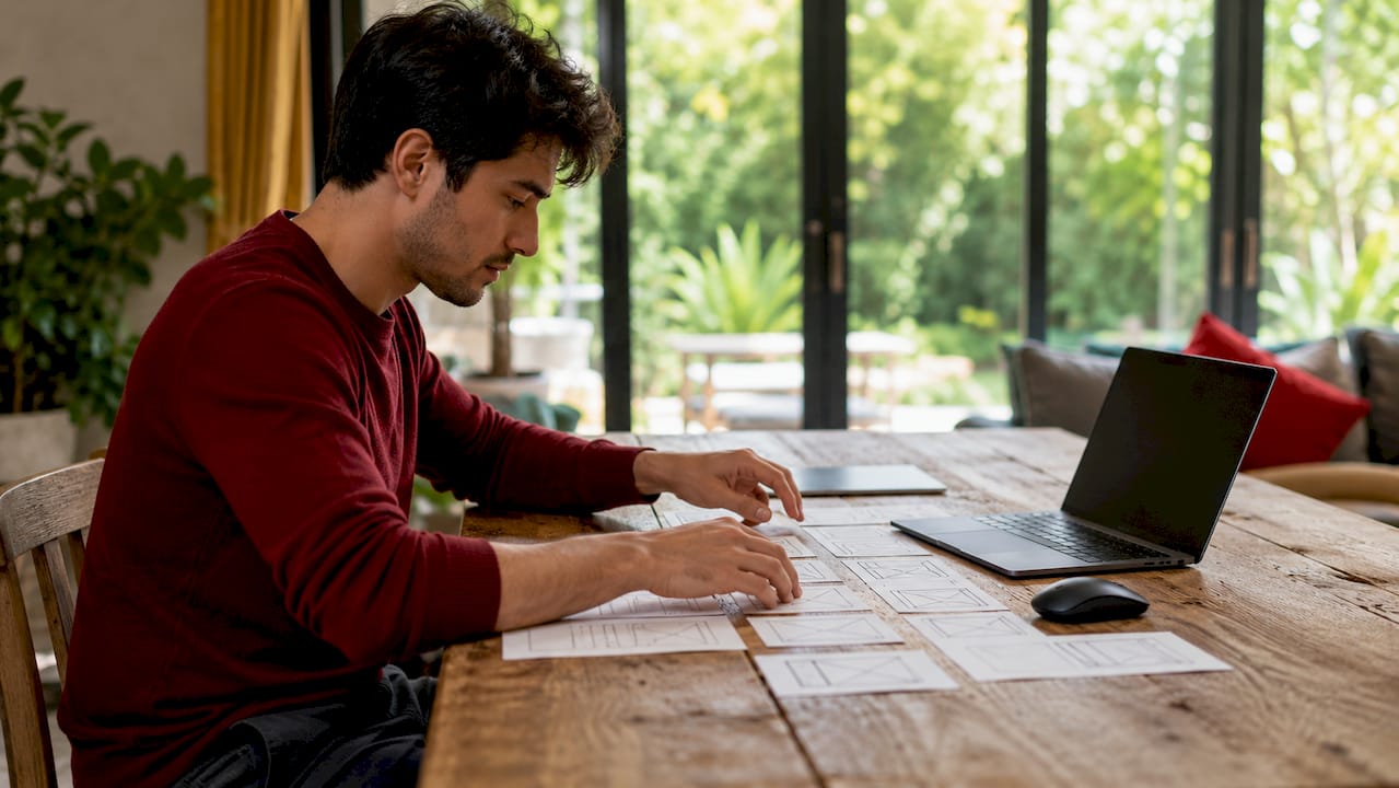 Hands adjusting mouse near wireframe sketches