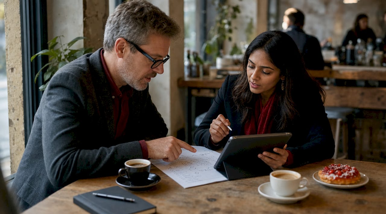 Two professionals discussing Google Ads strategy