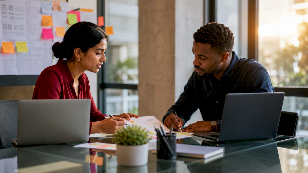 Professionals discussing website strategy documents in office