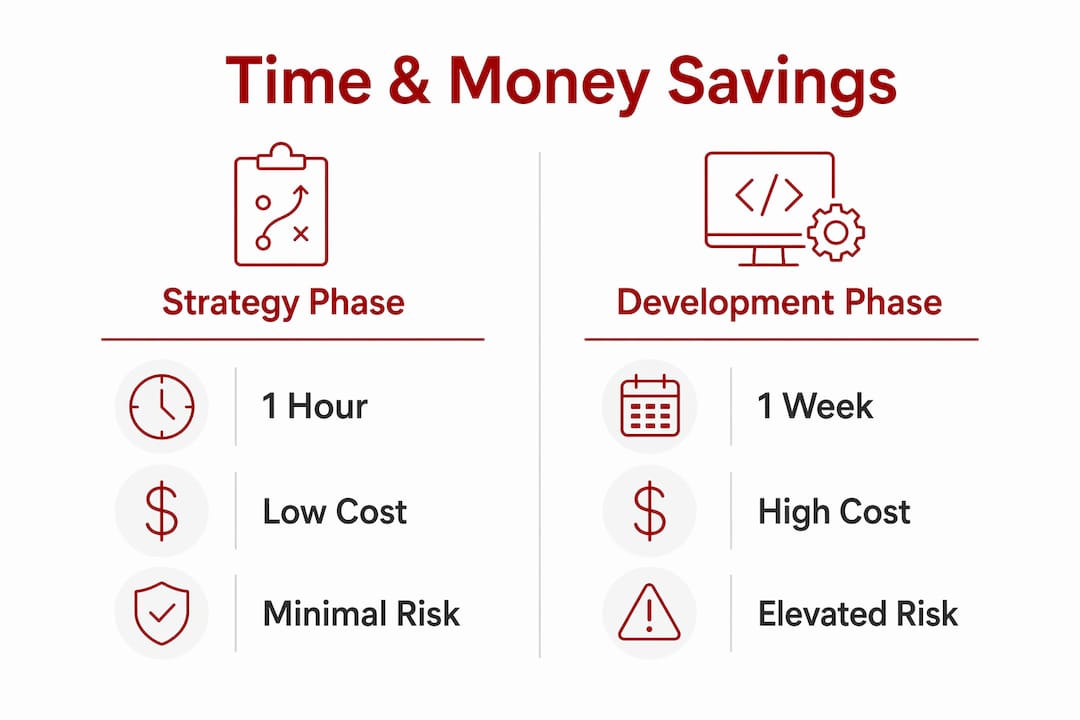 Infographic comparing time and cost savings of website strategy call vs development phase