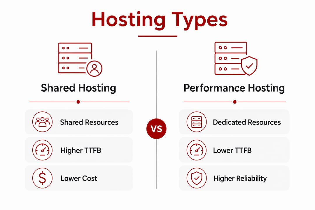 Infographic comparing shared and performance hosting types
