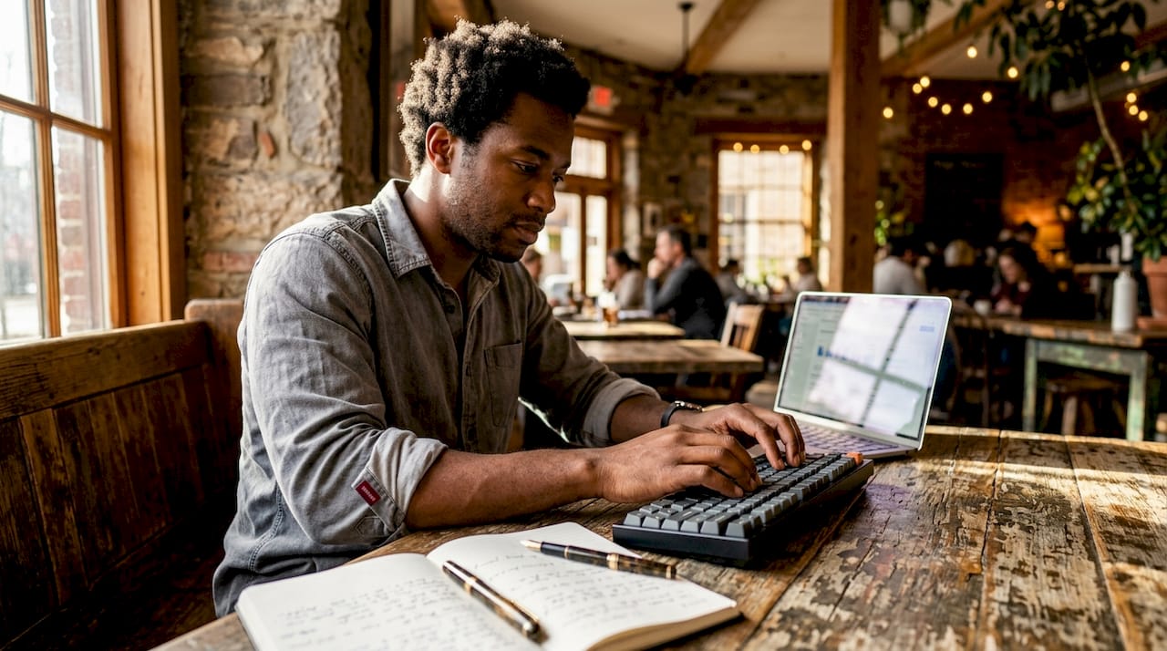 Hands typing on keyboard with analytics notes