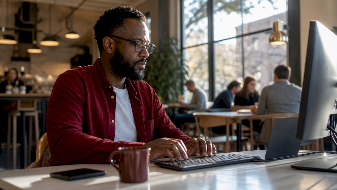 Man moderating community discussion forum at desk