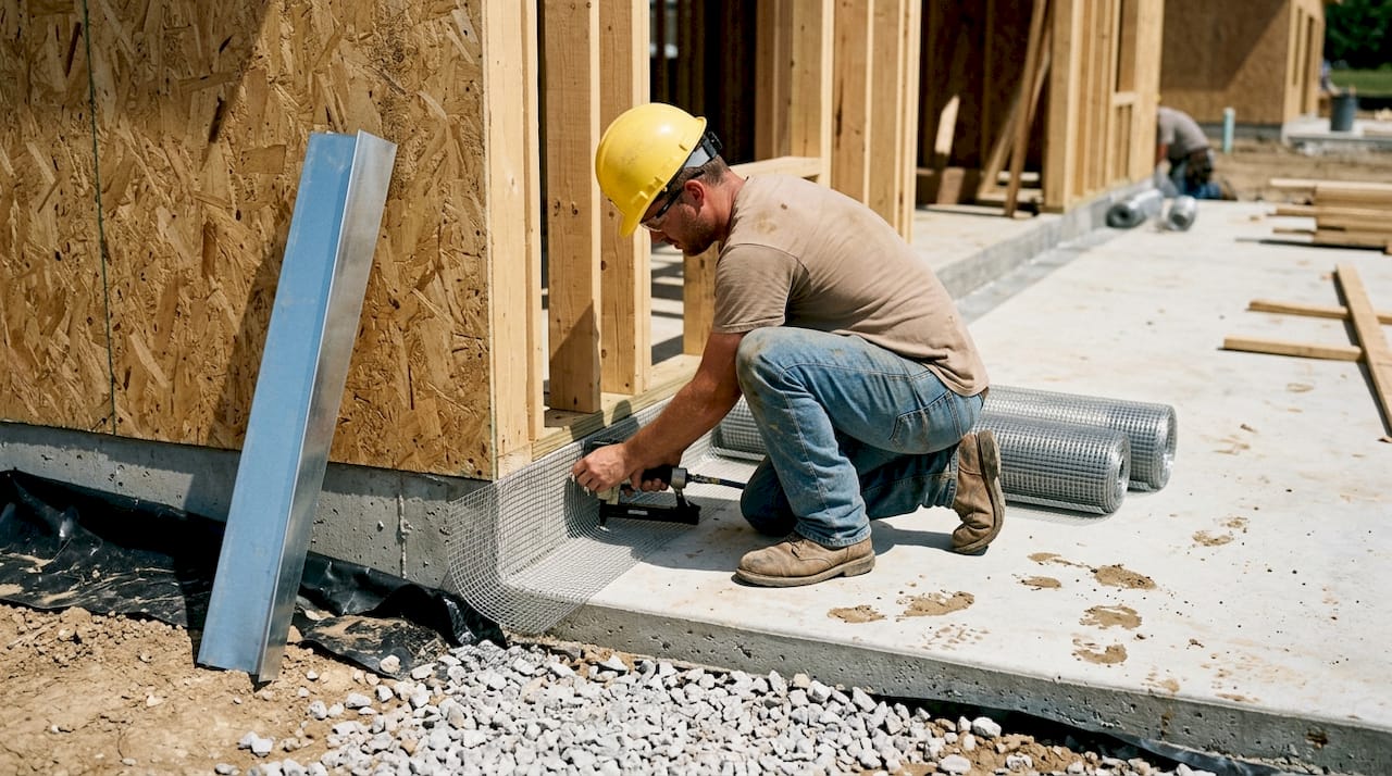 Installing stainless steel mesh termite barrier at foundation